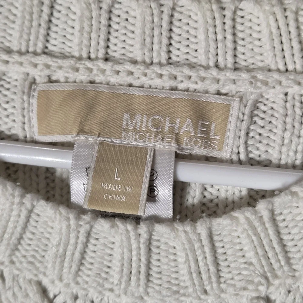 Michael Kors Cable Knit Sweater Women's Large Cream Side Zip Heavy Knit Pullover